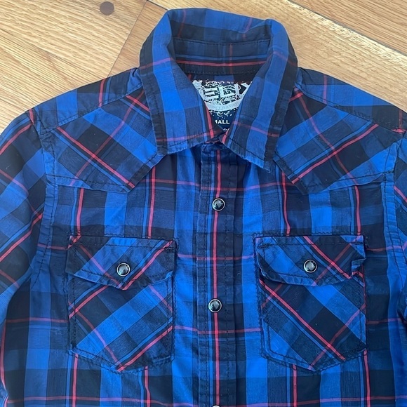 Helix Blue Plaid Snap Front Long Sleeve Western Country Dress Shirt Boys Small - Picture 2 of 6